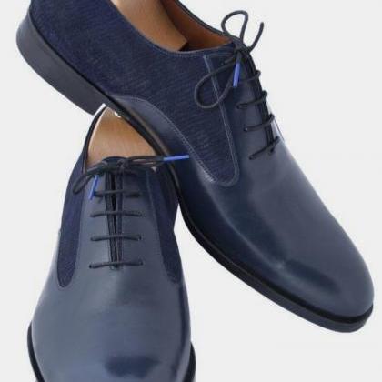 Handmade Customize Navy Blue Leather Tweed Lace Up..