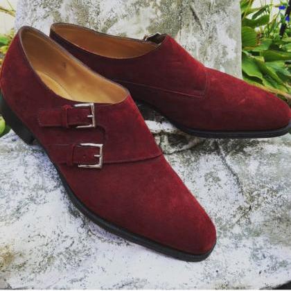 Men Handmade Red Monk Strap Shoes
