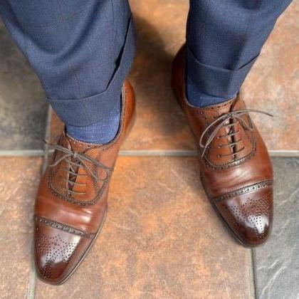 Men Awesome Handmade Brown Cap Toe Oxfords Lace Up..