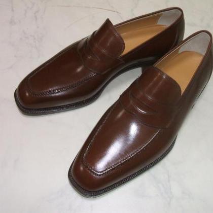 Mens Brown Leather Loafers Moccasin Handmade Shoes