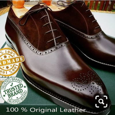 Handmade Best Selling Chocolate Leather Suede Brogue Lace up Shoe