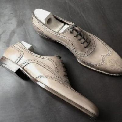 Men Handmade White Gray Wing Tip Oxfords Lace Up Shoes