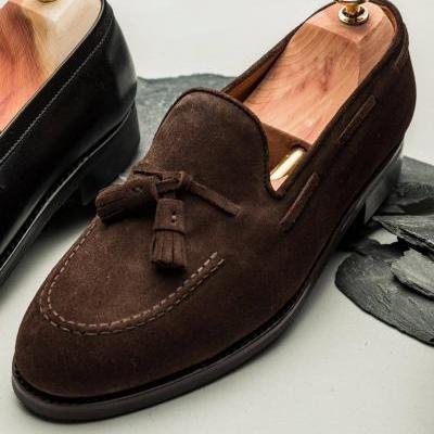 New Dark Brown Suede Men Tassels Moccasin Shoes Handmade