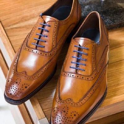 Men Cognac Brown Brogue Oxfords Collection Handmade Wingtip Lace Up Shoes