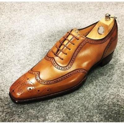 Elegant Handmade Tan Brown Wingtip Oxford Shoes, Men's Genuine Leather Lace Up Shoes