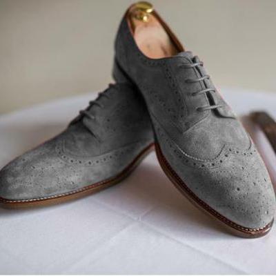 Formal Wear Handmade Grey Color Suede Cap Toe Lace Up Men's Shoes 