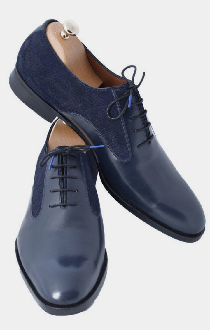 Handmade Customize Navy Blue Leather Tweed Lace Up Formal Sale Shoes