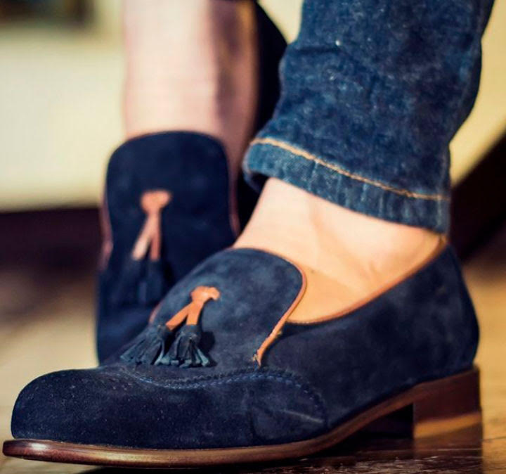 Men Awesome Handmade Party Look Navy Blue Moccasin Wing Tip Brogue Tassels Loafer Shoes in Genuine Suede 