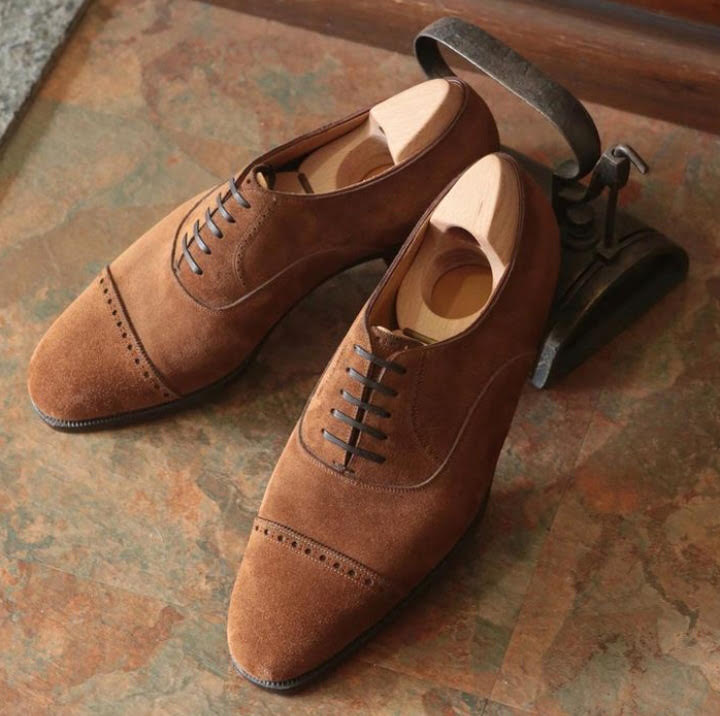 Handmade Mens Casual Dress Brown Cap Toe Lace Up Shoes In Genuine Suede