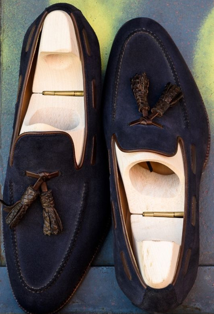 Navy Blue Suede Men Tassels Moccasin Shoes Handmade