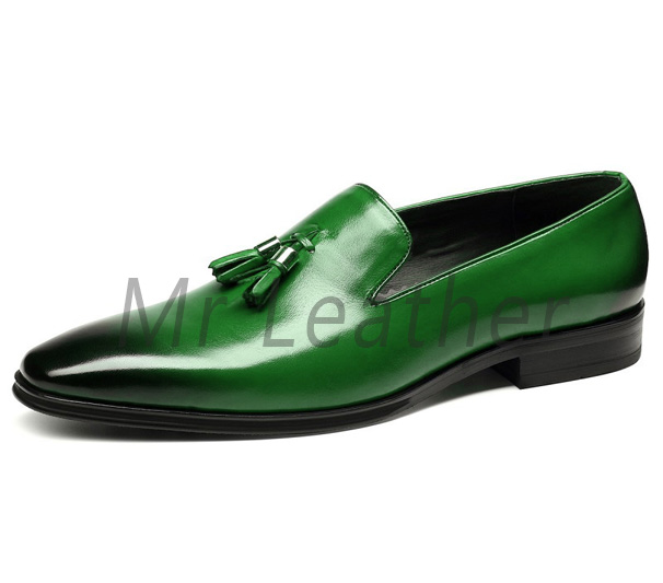 Green Black Tone Leather Men Tassels Moccasin Shoes Handmade