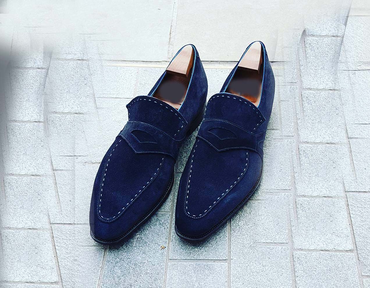 Handmade Men's Genuine Navy Blue Suede Tassel Loafers 