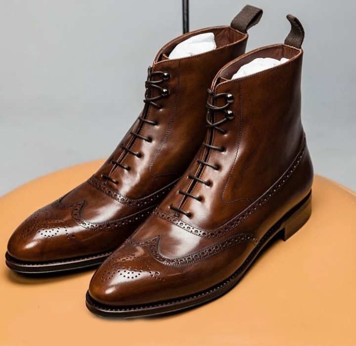 Handmade Wing Tip Lace Up Brogue Boot, Men's Dark Brown Color Leather Ankle High Boot