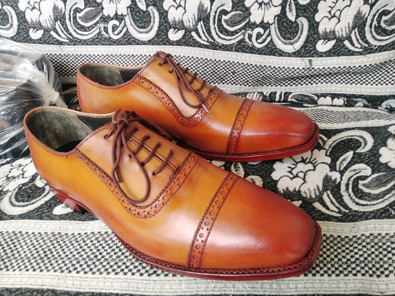 Luxury Hand Stitched Brown Cap Toe Lace Up Genuine Leather Shoes