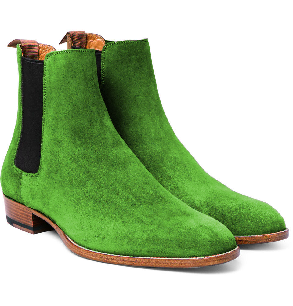 NEW CUSTOMIZE PARROT GREEN SUEDE ANKLE HIGH DRESS CHELSEA HANDMADE BOOT
