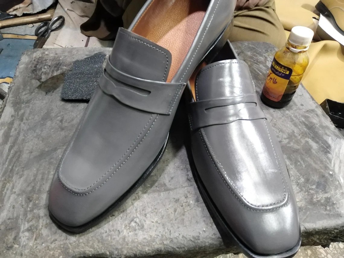 Hand Stitch Real Grey Cambridge Leather Penny Loafer Formally Customer Loafers Shoes