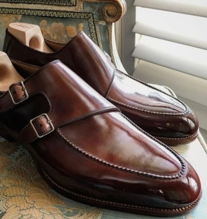 Men's Stylish Double Buckle Handmade Brown Leather Monk Strap Dress Shoes