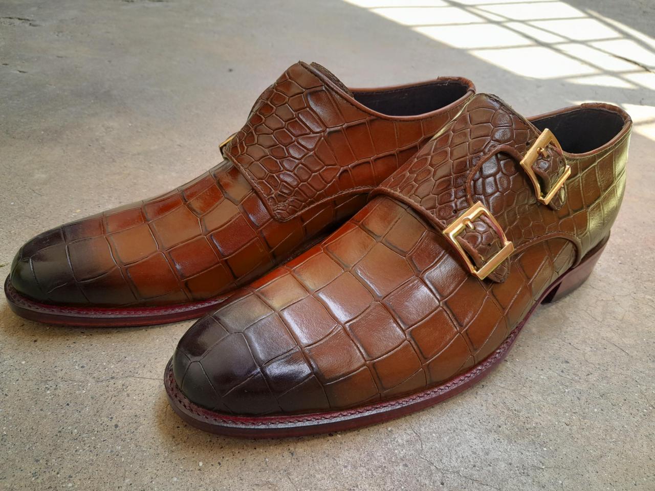 Men's Red Monk Strap Shoes Alligator Textured Dress Shoes