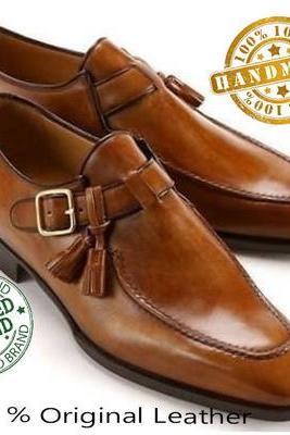 Handmade Men Decent Boat Monk Leather Brown Shoes