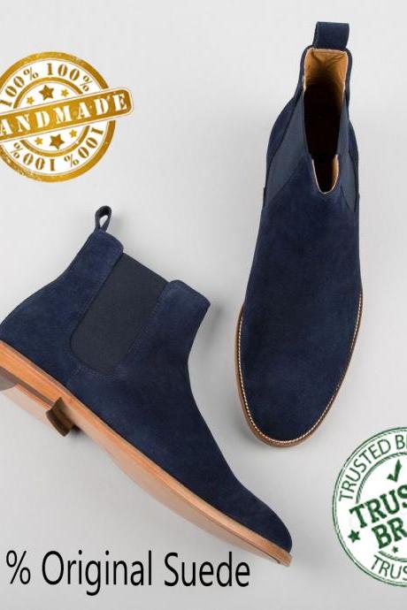 Navy Blue Chelsea Suede Formal Formal Mn Adult Boot