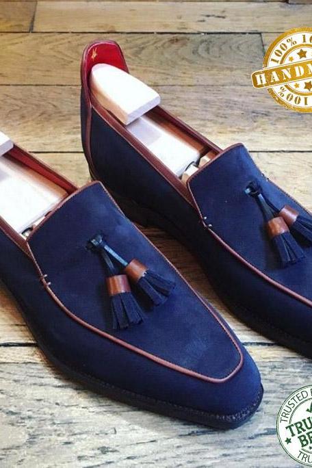 Handmade Mens Royal Blue Tassels Mocassin Shoes