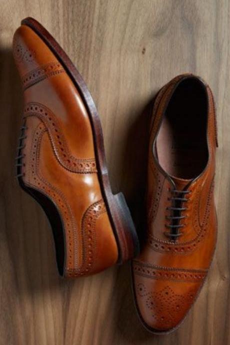 Handmade Men Decent Brogue Cap Toe Brown Leather Shoes