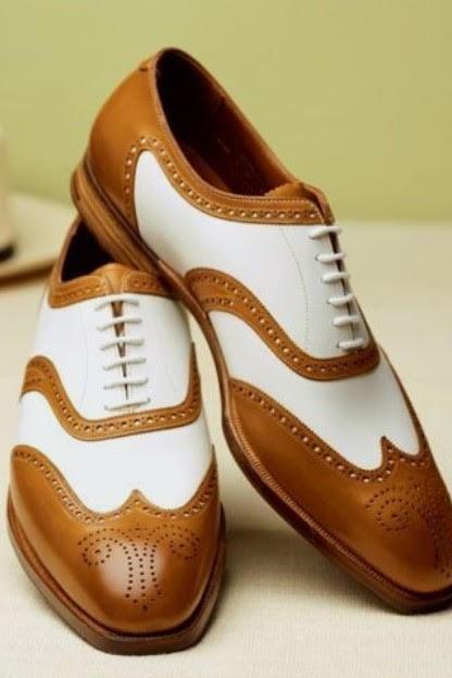 Handmade Men Wing Tip White Brown Leather Shoes