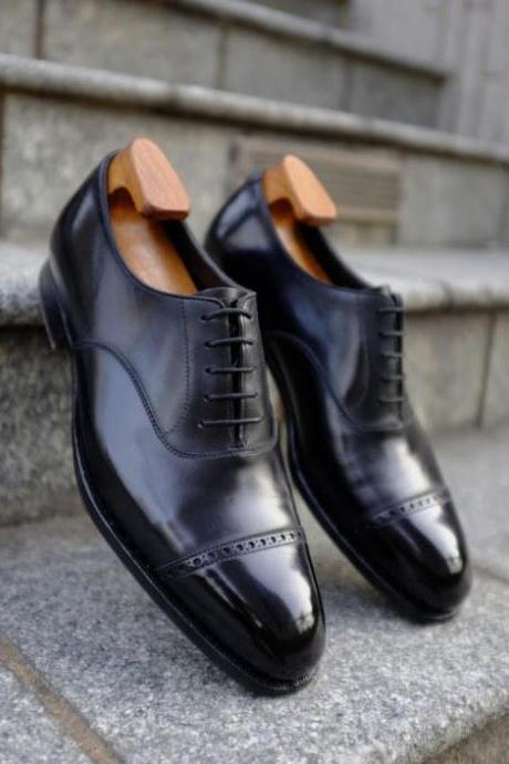 Handmade Mens Descent Trendy Cap Toe black leather Shoes