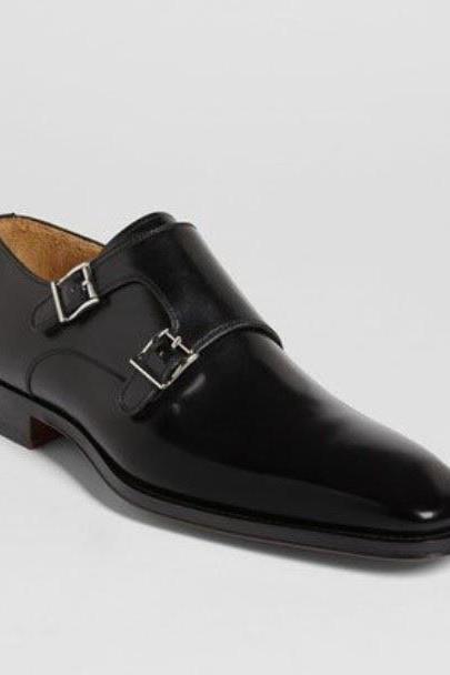 Handmade Mens Descent Trendy Double Monk Blackish Genuine Leather Shoes