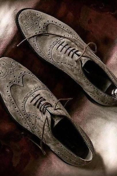 Handmade Men Latest Grey Suede Wing Tip Shoes