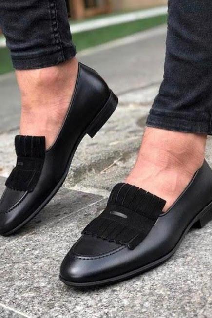 Unique Stylish Handmade Mens Black Leather Fringe Moccasins Shoes