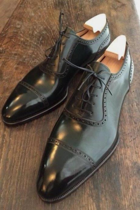 Handmade Mens Decent wedding Trendy Cap Toe black Genuine leather Shoes