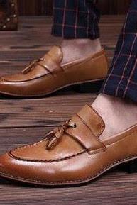 Men Descent Coat Pant Brown Hand Craft Tassels Loafer in Genuine Leather Shoes