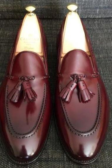 Men Handmade Descent Unique Burgundy Tassels Loafer in Genuine Leather Shoes