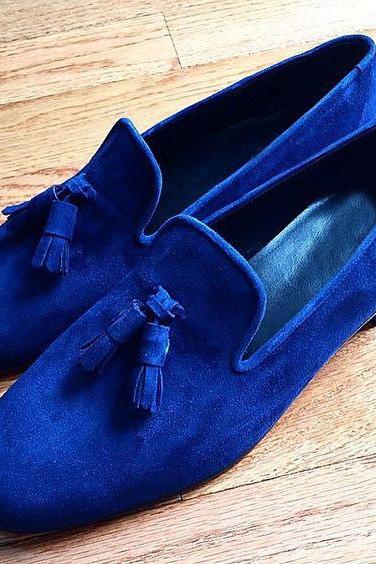Men Awesome Handmade Party Look Navy Blue Tassels Loafer in Genuine Suede Shoes