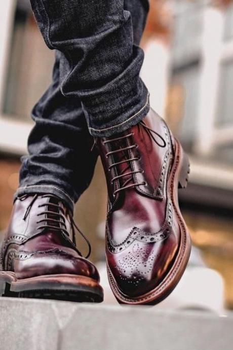Handmade Awesome Burgundy Black Lining Brogue Ankle Boot