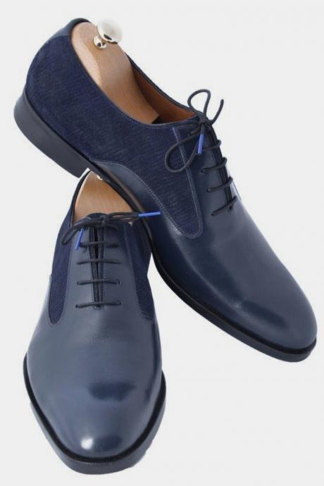 Handmade Customize Navy Blue Leather Tweed Lace Up Formal Shoes