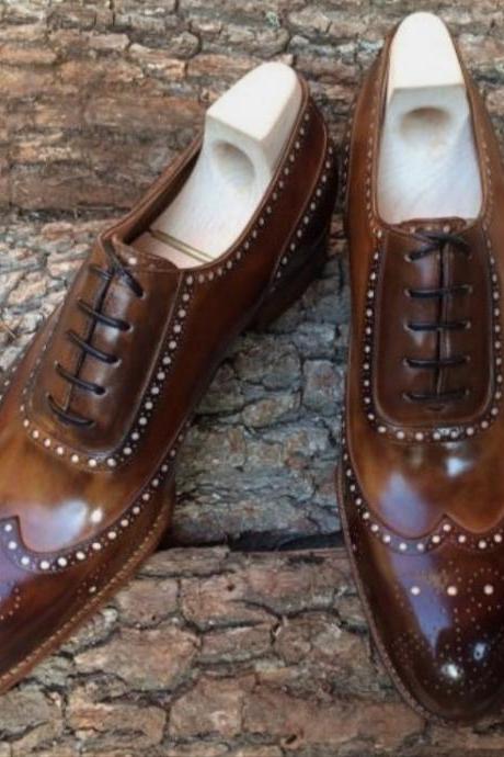 Classic Brown Brogue Wing Tip Lace Up Handmade Shoes