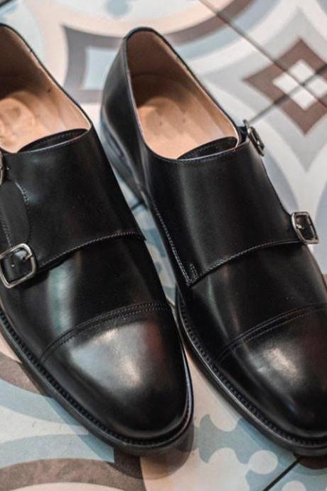 Handmade Mens Trendy Double Monk Black Genuine Leather Shoes