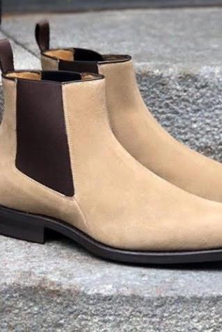 Handmade Unique Trendy Beige Ankle Suede Chelsea Boot