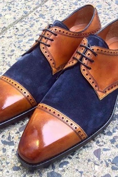 Handmade Mens Unique Brown on Blue Tone Cap Toe in Genuine Leather And Suede Shoes 