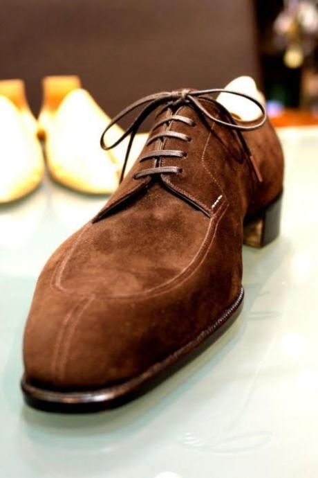 Handmade Awesome Mens Trendy Dark Brown Suede Split Toe Lace Up In Genuine Suede Shoes