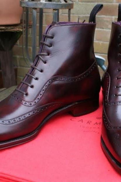 Handmade Awesome Dark Brown Cap Toe Brogue Ankle High Lace Up Boot In Genuine Leather