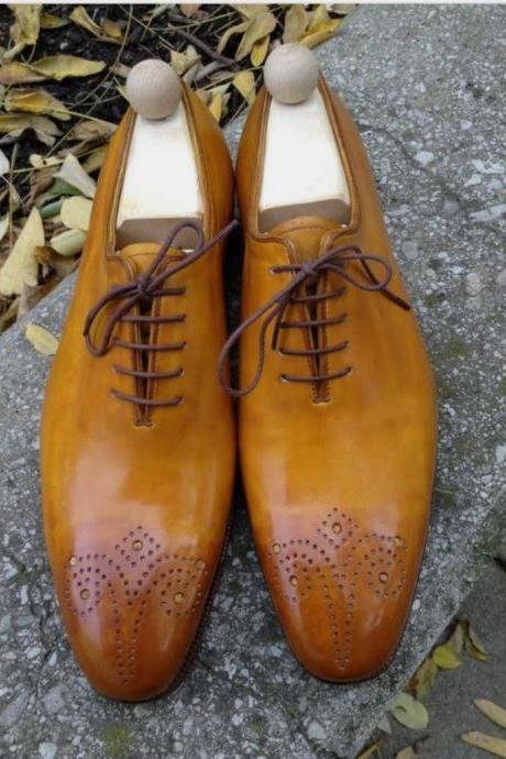 Handmade Mens Decent Party Look Tan brown Graceful Brogue Design Shoes in Genuine Leather Shoes