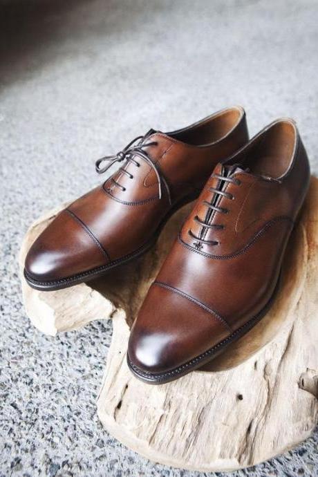 Handmade Mens Formal Look Chocolaty Brown Cap Toe Lace Up Shoes In Genuine Leather