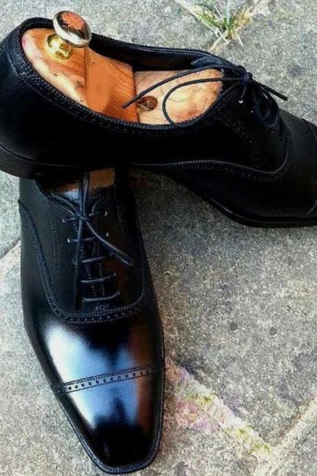 Handmade Mens Awesome Decent Stylish Blackish Cap Toe Lace Up Shoes In Genuine Leather Suede