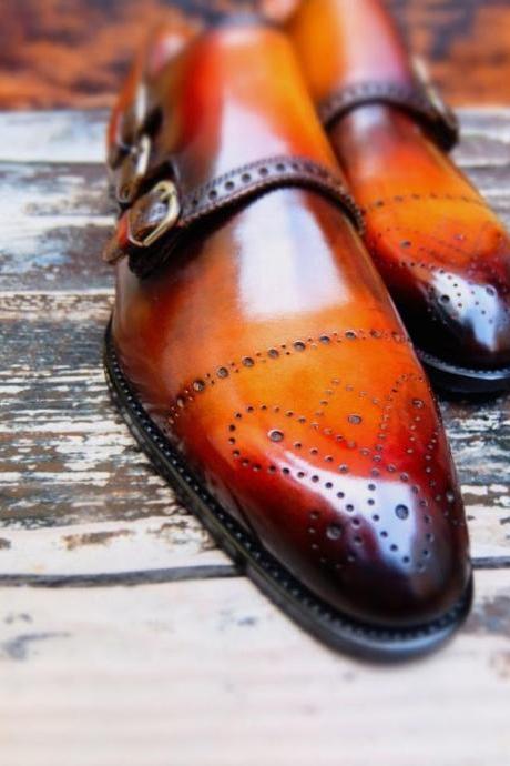 Handmade Men Decent Trendy Anniversary Look Two Tone Monk Strap Fashion Genuine Leather Shoes