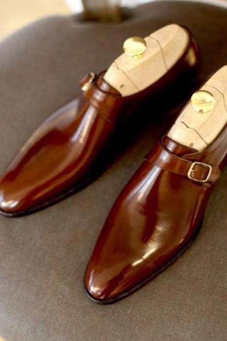 Handmade Men Decent Trendy Personality making Dark Brown Monk Strap Fashion Genuine Leather Shoes