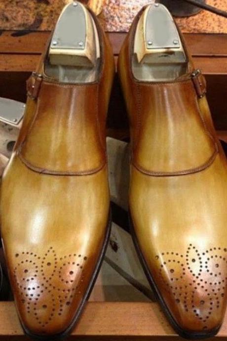 Handmade Men Decent Unique Style Gorgeous Looking Tab Brown Brogue Double Monk Strap Fashion Genuine Leather Shoes