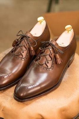Handmade Mens Decent New Stylish Dark Brown Brogue Lace Up Shoes In Genuine Leather